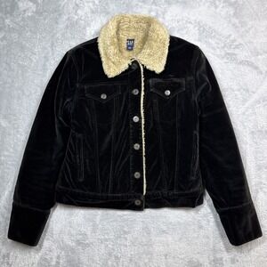 Gap Sherpa Jacket Black Womens S Velvet Snaps Trucker Coat Cropped Western Cozy